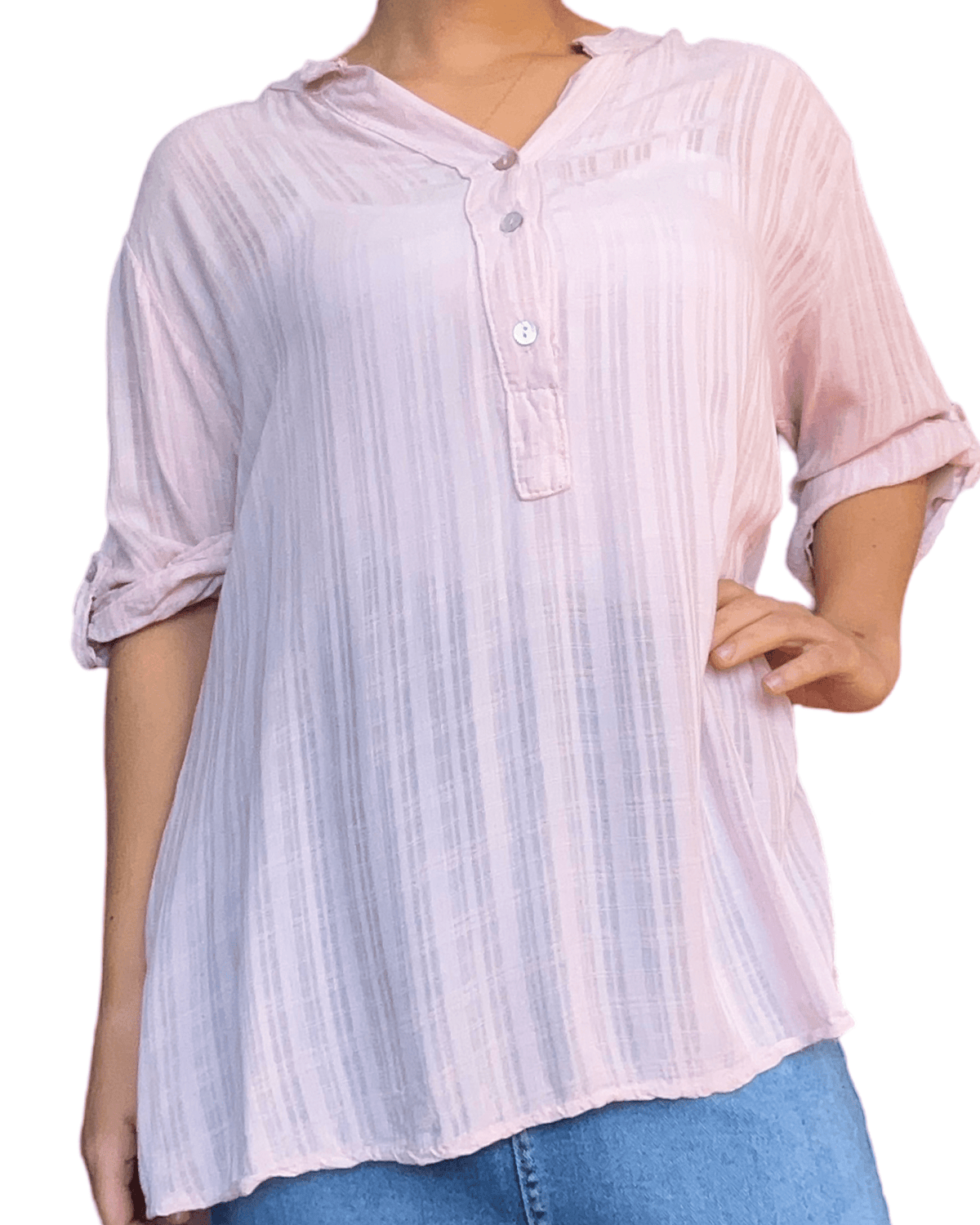 Blouse rose à manche 3/4 pour femme.