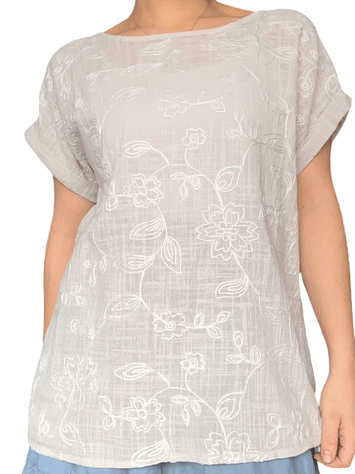 NEW- T-shirt beige à motifs floraux brodés