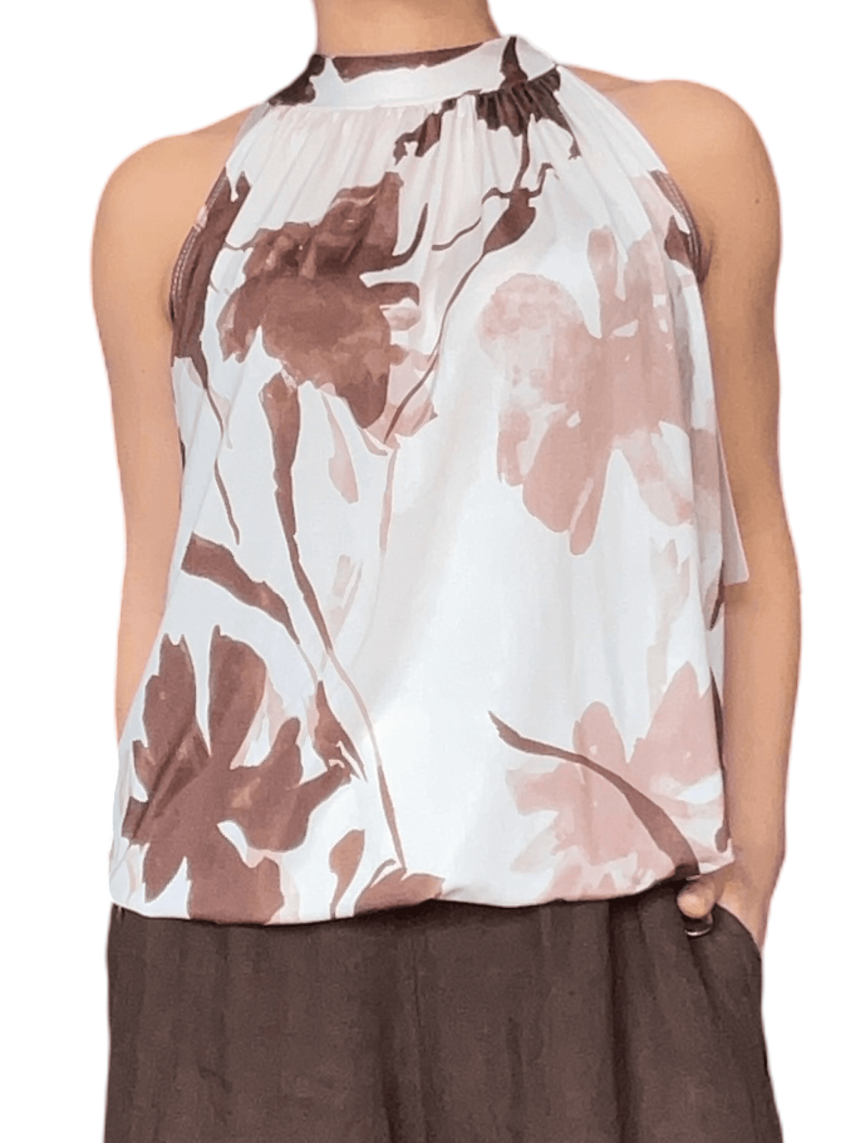 Camisole blanche avec imprimé floral brun pour femme.