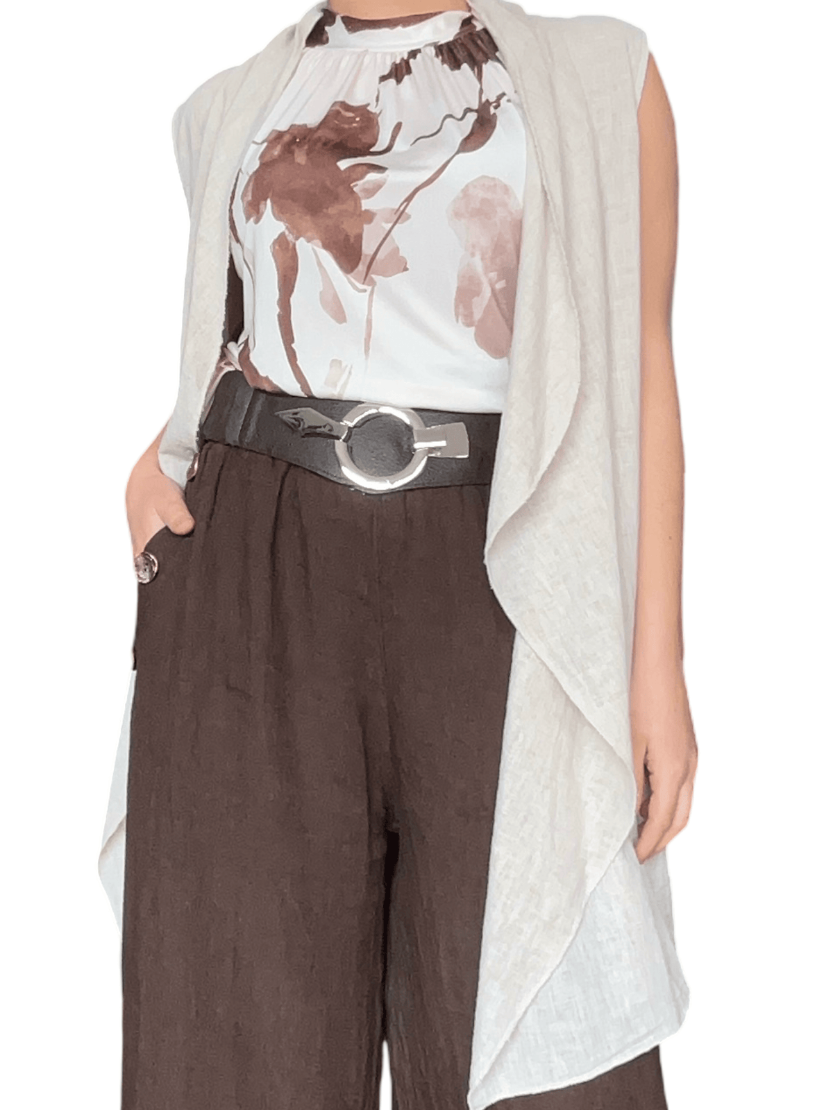 Camisole blanche avec imprimé floral brun pour femme avec veste.
