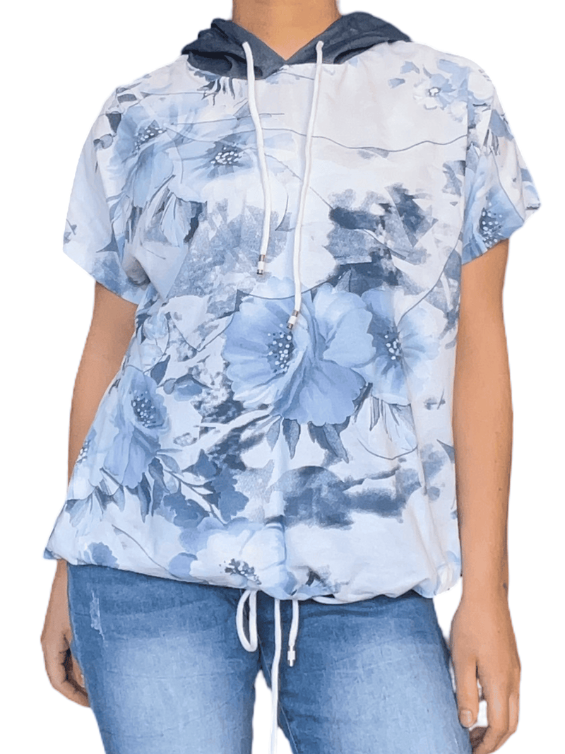 NEW- T-shirt blanc avec imprimé floral bleu et capuchon