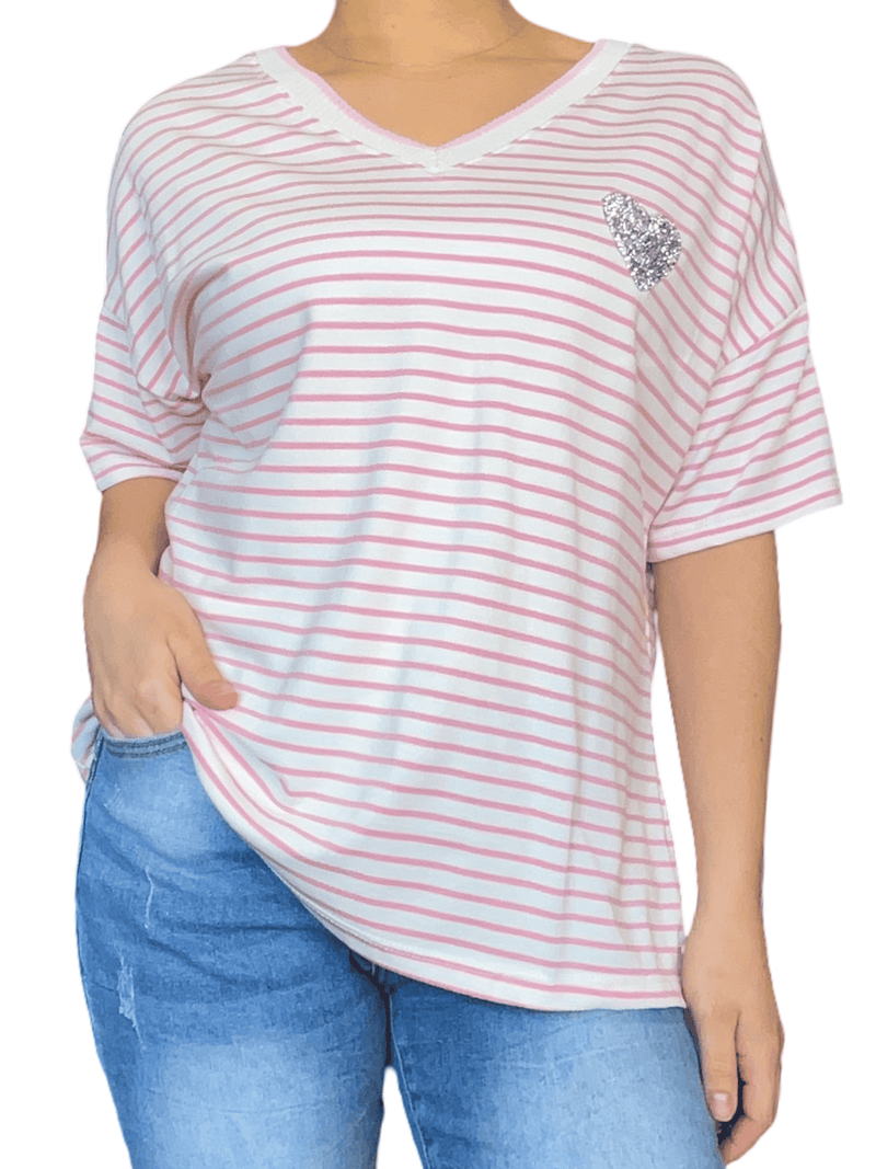 T-shirt blanc rayé rose pour femme.