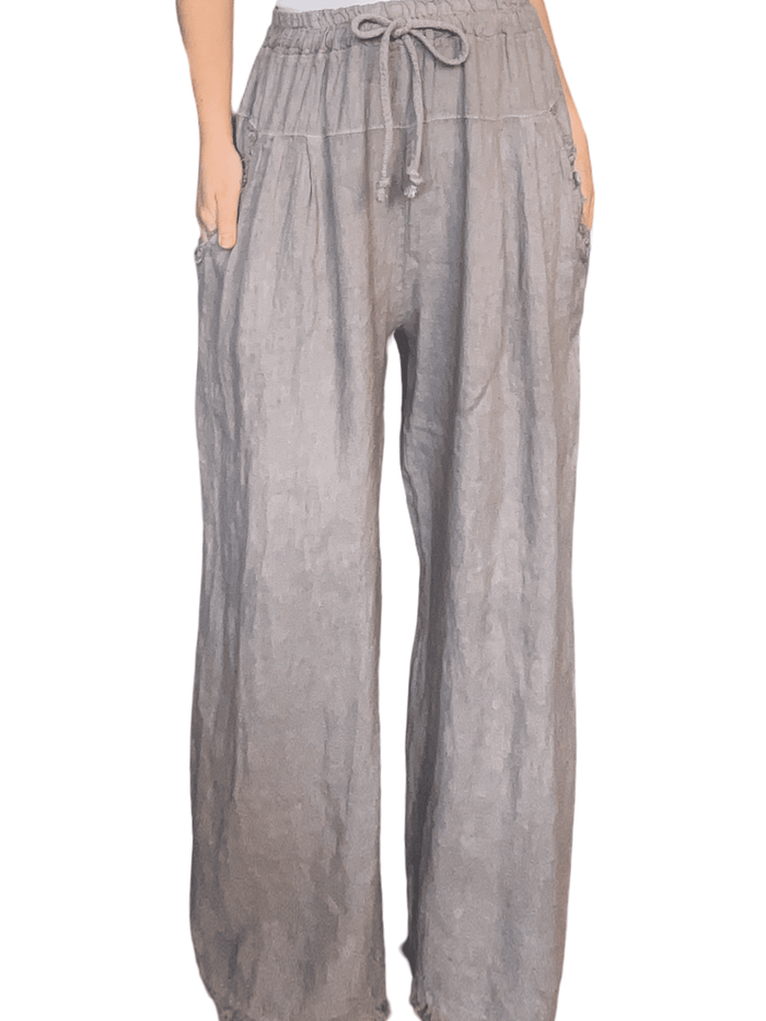 Pantalon moka en lin avec cordon pour femme.
