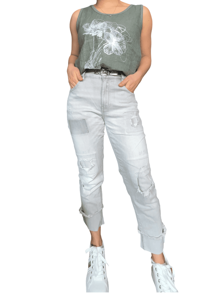 Capri en jeans slim gris pâle à patchwork