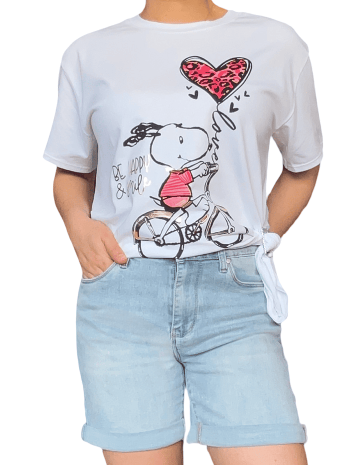 T-shirt blanc avec imprimé de Snoopy corail pour femme.