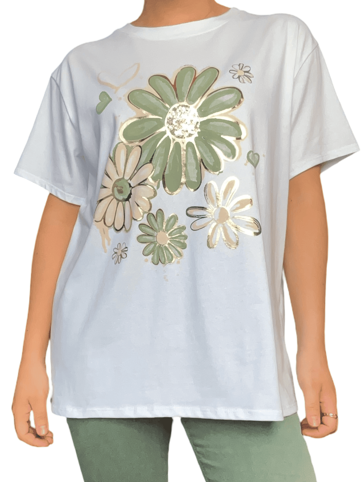 T-shirt blanc avec imprimé de fleurs kaki et beige pour femme.