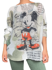 Chandail en mailles blanc et kaki avec imprimé de Mickey pour femme.