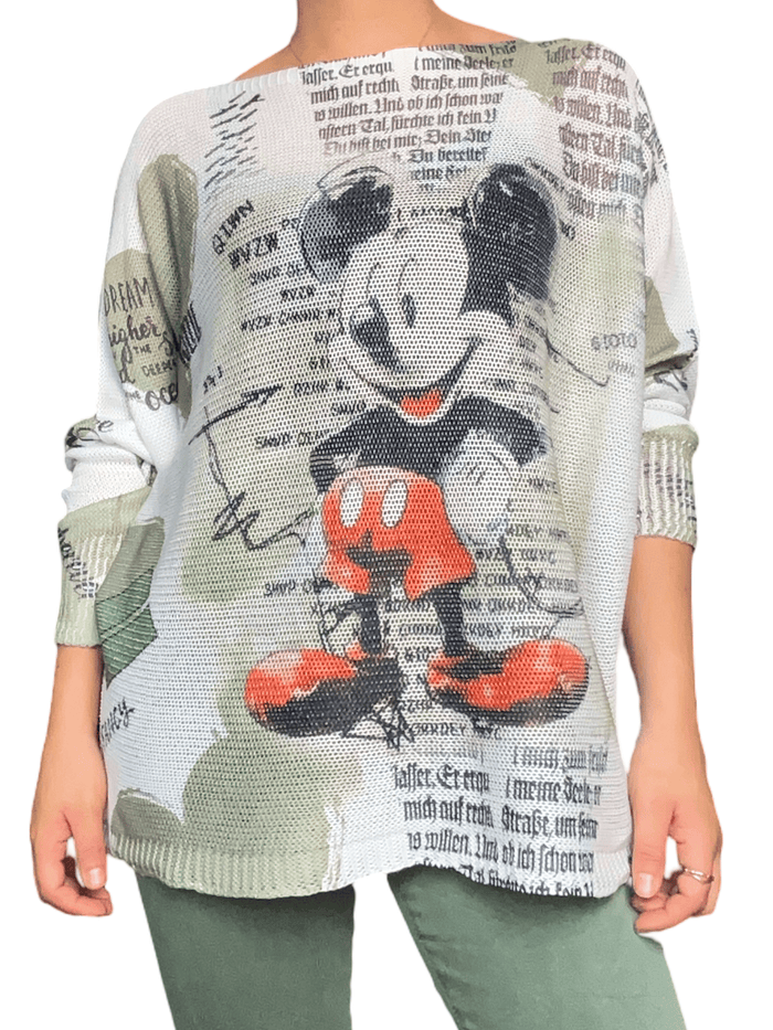 Chandail en mailles blanc et kaki avec imprimé de Mickey pour femme.