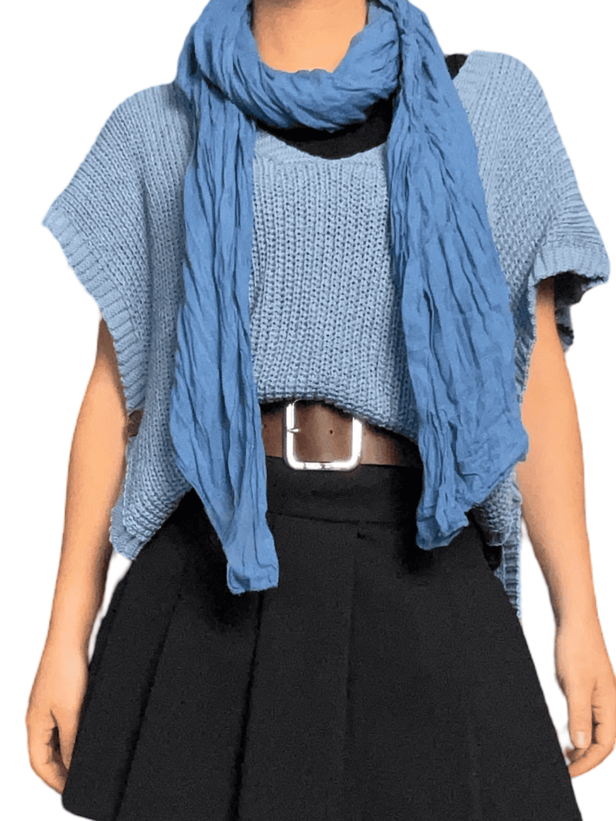 Débardeur bleu jean en mailles pour femme avec foulard.
