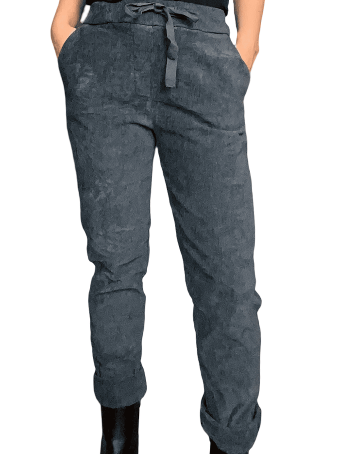 Pantalon bleu grisâtre à taille élastique avec cordon pour femme.