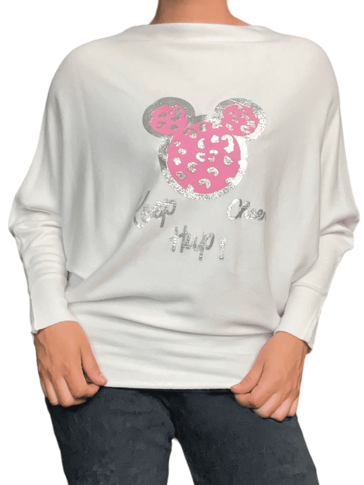 Chandail blanc crème avec imprimé de Mickey rose pour femme.