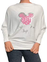 Chandail blanc crème avec imprimé de Mickey rose pour femme.