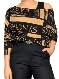Chandail noir et bronze avec imprimé d'écritures pour femme avec camisole.