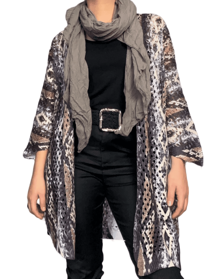 Veste longue avec imprimé de peau de serpent pour femme avec ceinture.