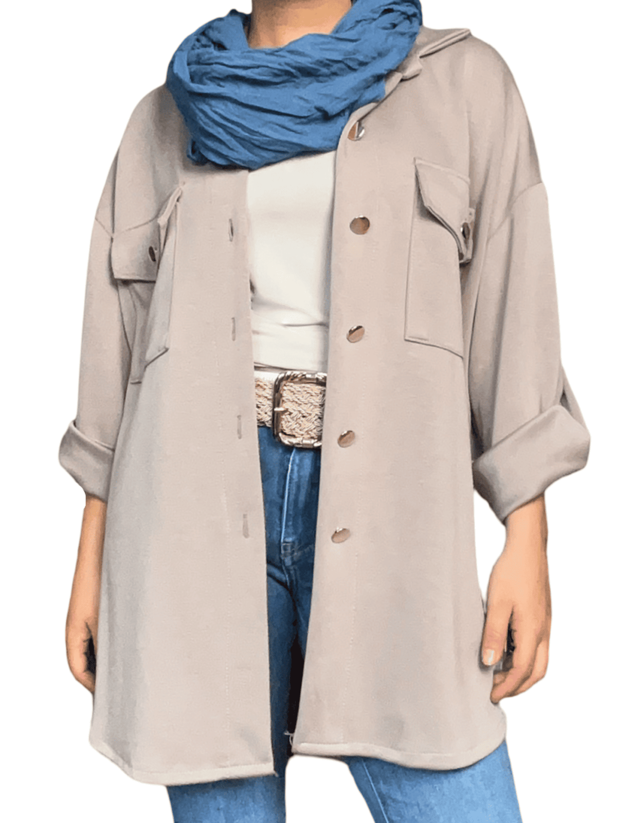 Veste moka style chemise pour femme avec foulard et ceinture.