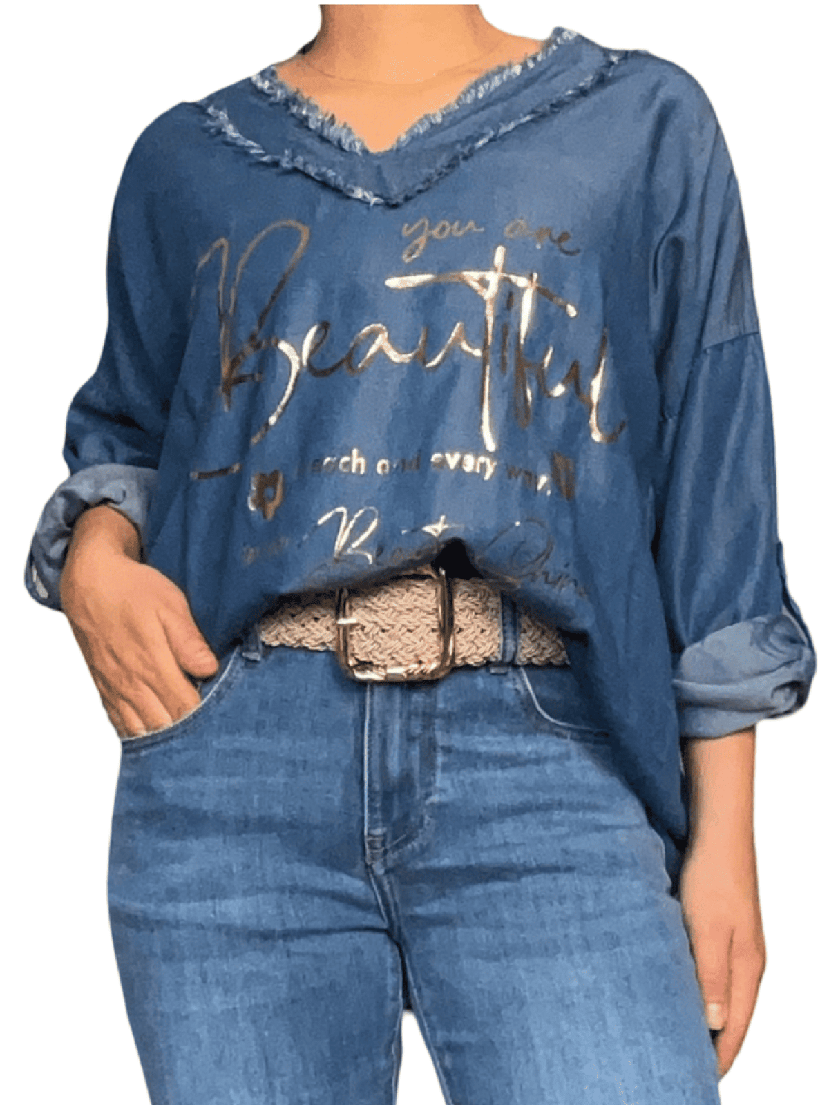 Chandail bleu jean avec franges pour femme avec ceinture.