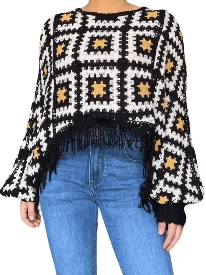 NEW- Chandail bohème en crochet à motifs des carreaux