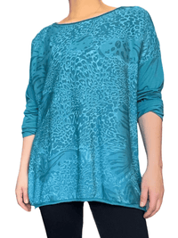 Chandail turquoise avec imprimé animal pour femme.