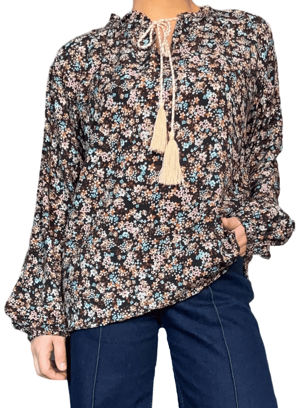 Blouse noire à motifs floraux marron & bleus pour femme.
