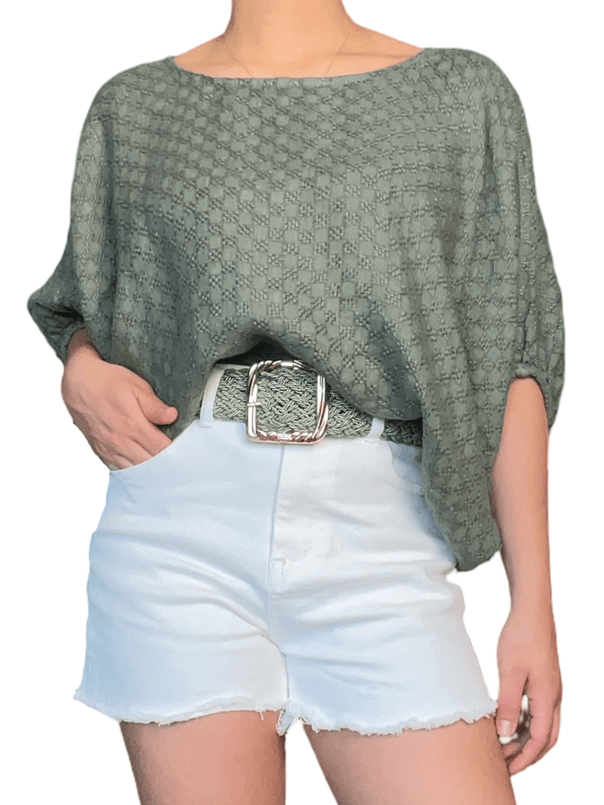 Chandail kaki décontracté pour femme avec ceinture.
