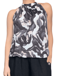 Camisole femme avec imprimé abstrait, noir, beige et blanc.