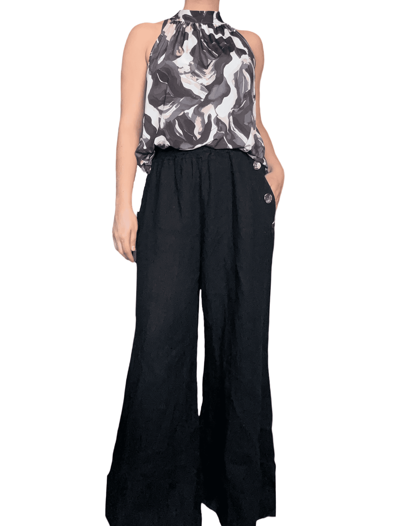 Camisole femme avec imprimé abstrait, noir, beige et blanc avec pantalon en lin.