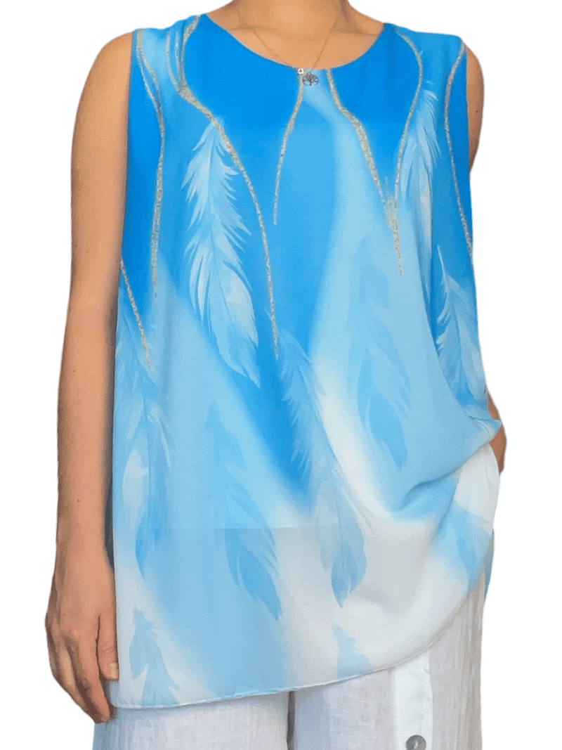 Camisole bleue dégradé avec motifs de plumes pour femme.