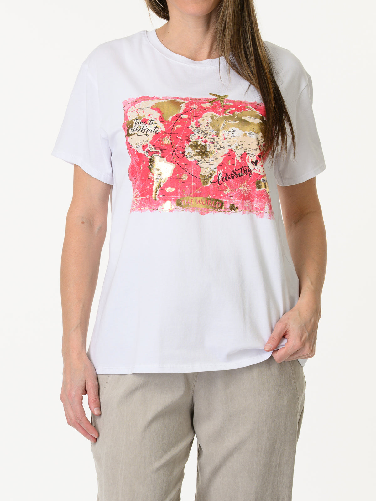 T-shirt blanc avec imprimé de carte du monde