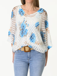 Chandail blanc en mailles avec imprimé floral bleu