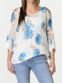 Chandail blanc en mailles avec imprimé floral bleu