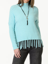 Chandail aqua à col montant avec franges