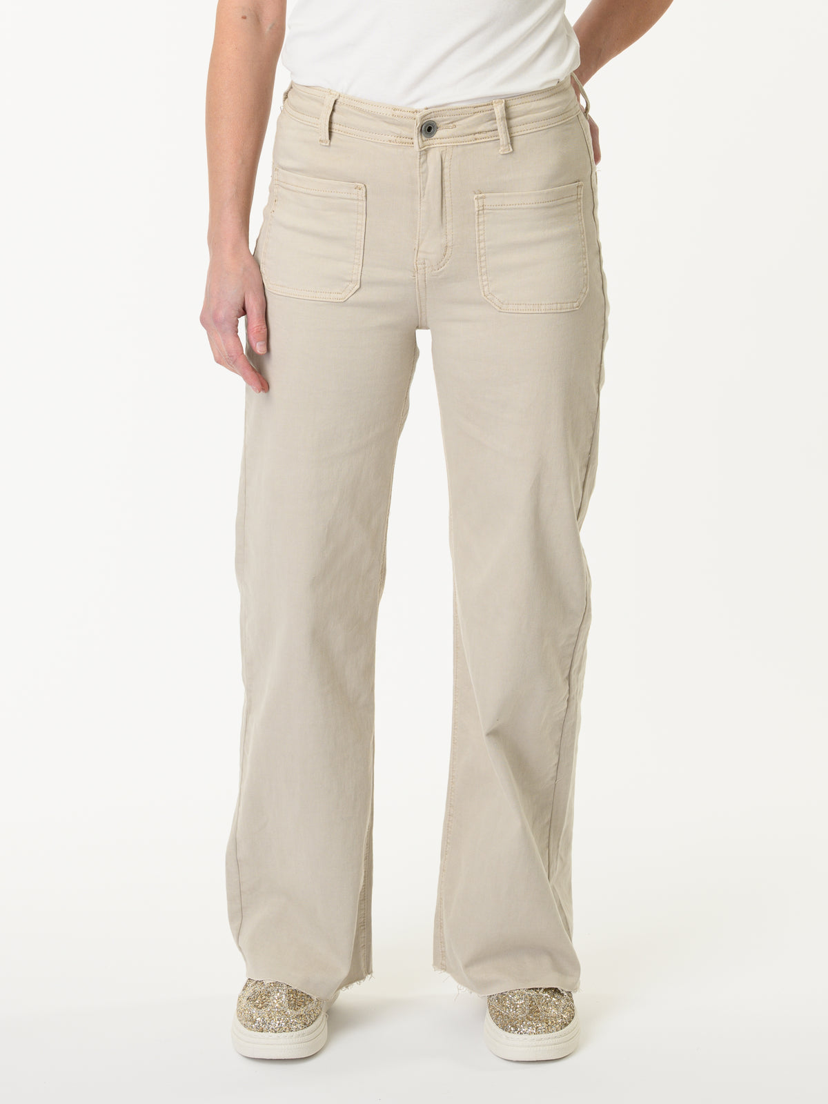 Jeans beige palazzo avec poches plaquées