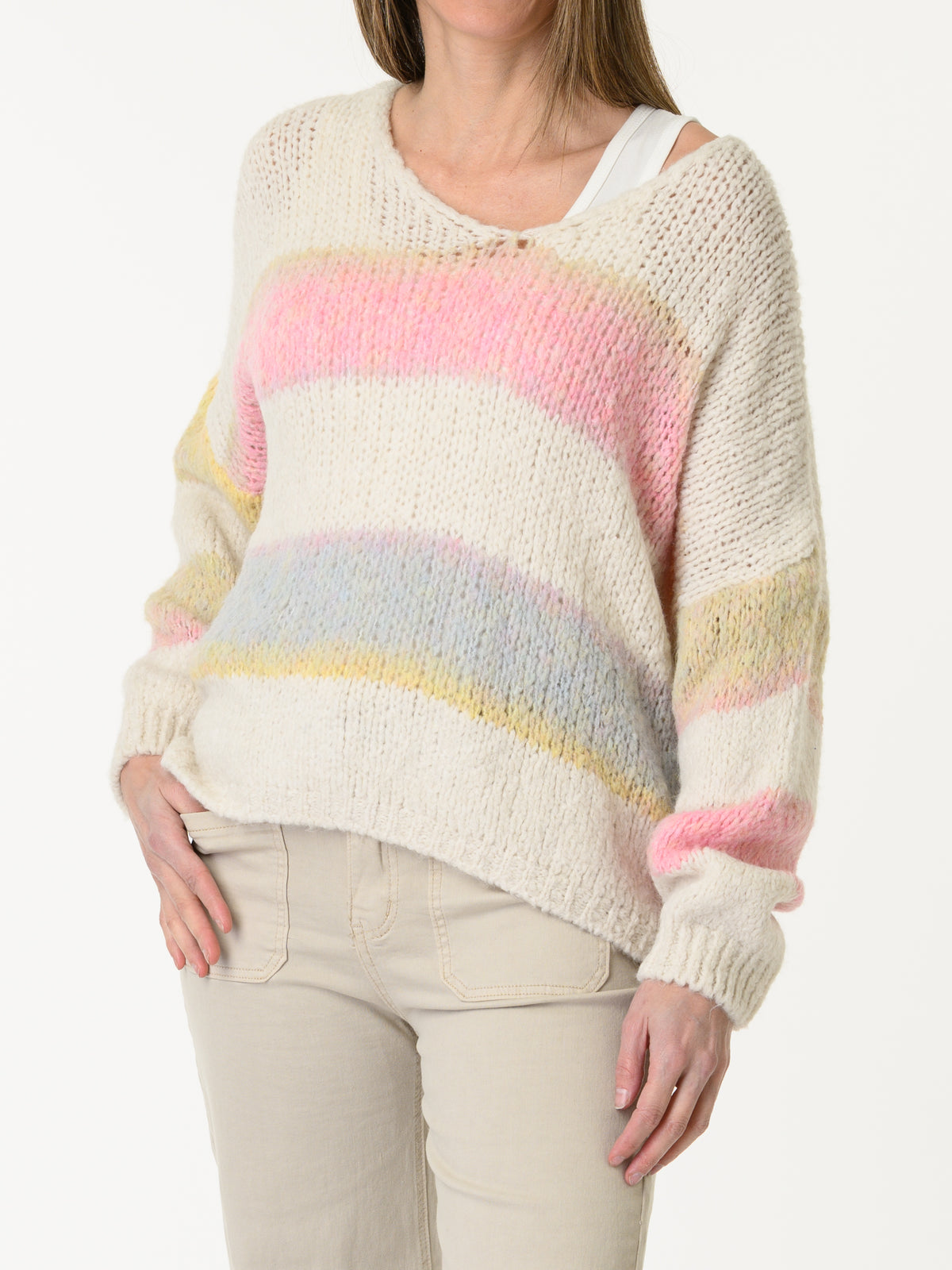 Chandail en tricot blanc crème rayé multicolore