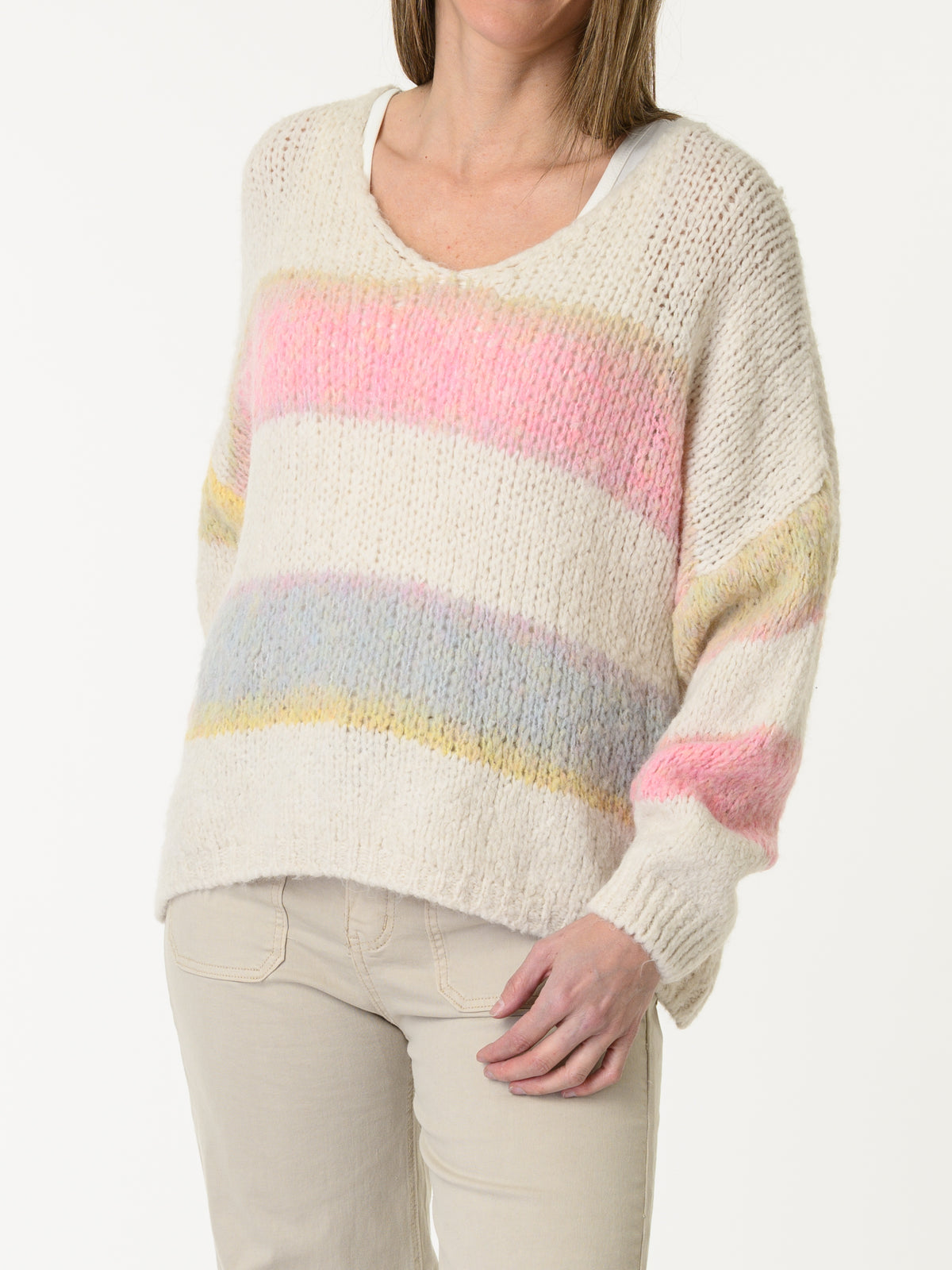 Chandail en tricot blanc crème rayé multicolore