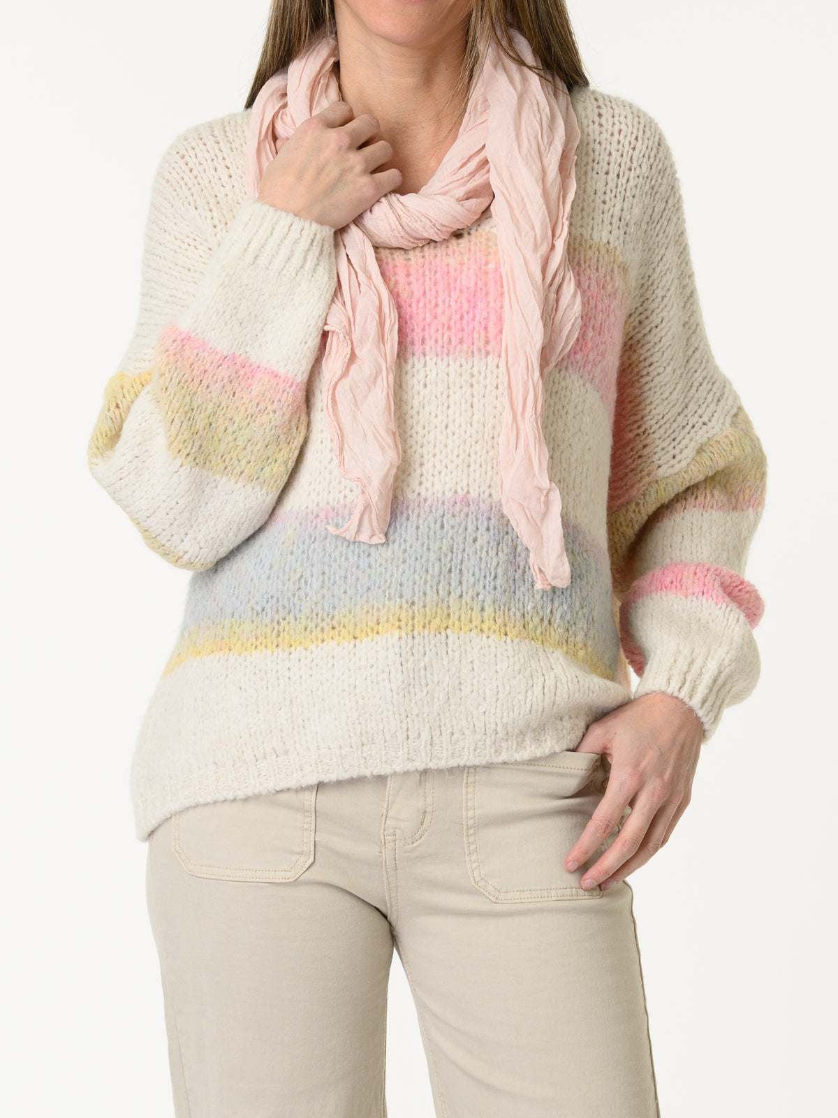 Chandail en tricot blanc crème rayé multicolore