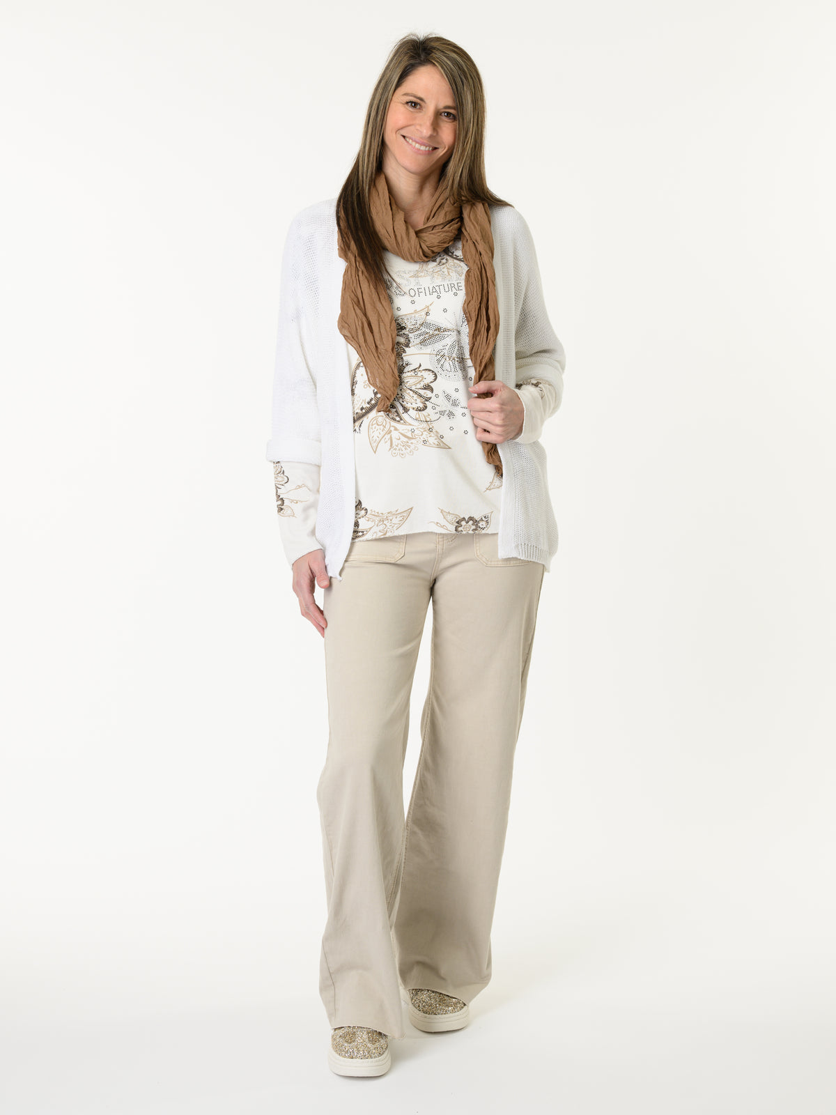 Jeans beige palazzo avec poches plaquées