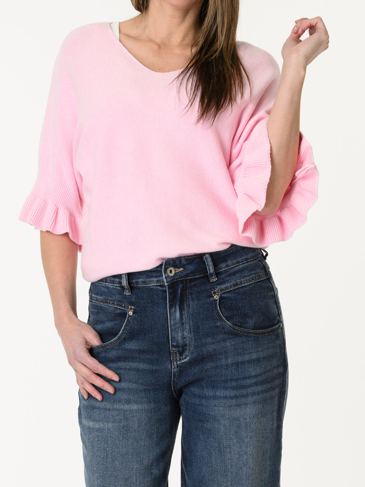 Chandail rose pâle à manche à volant