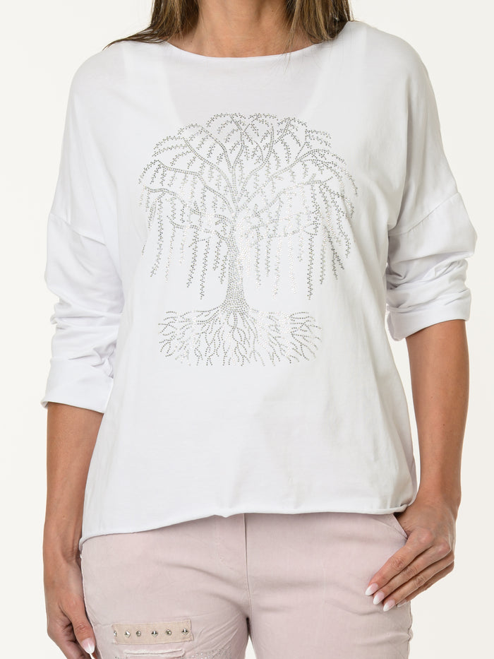 Chandail blanc avec arbre de vie argenté