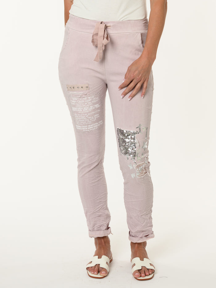 Pantalon rose pâle patchwork à taille élastique