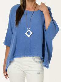 Chandail bleu jean avec bas effiloché