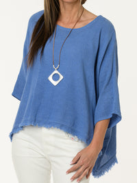 Chandail bleu jean avec bas effiloché