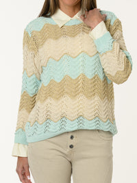 Chandail en crochet beige et aqua avec dorures