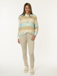 Chandail en crochet beige et aqua avec dorures