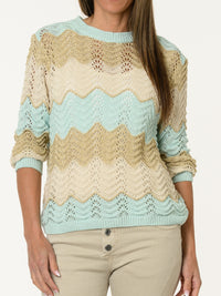 Chandail en crochet beige et aqua avec dorures