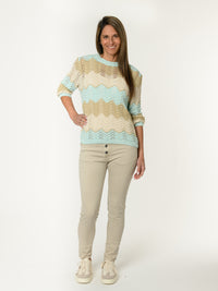 Chandail en crochet beige et aqua avec dorures