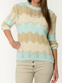 Chandail en crochet beige et aqua avec dorures