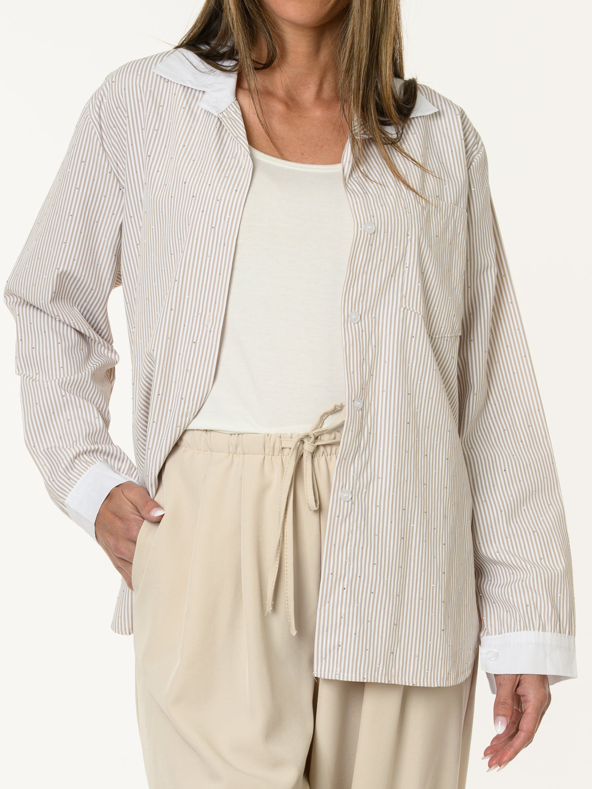 Chemise rayée moka et blanc avec brillants