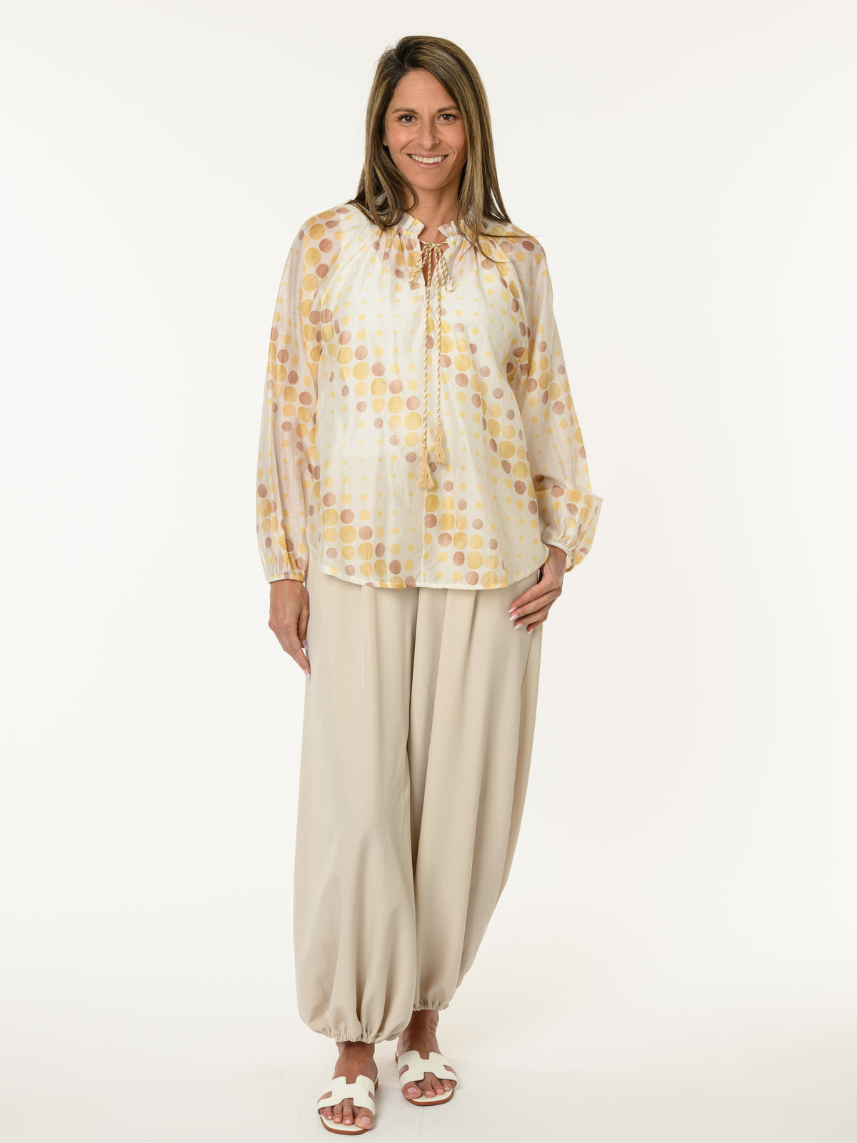 Blouse romantique à motifs de pois jaunes