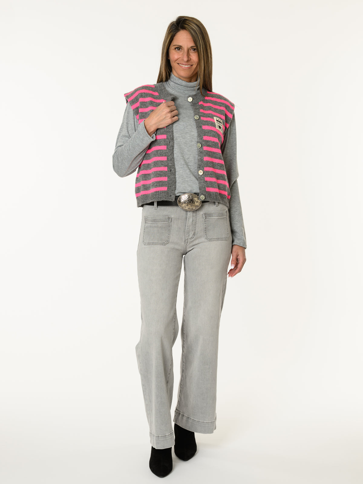 Débardeur rayé gris et fuchsia