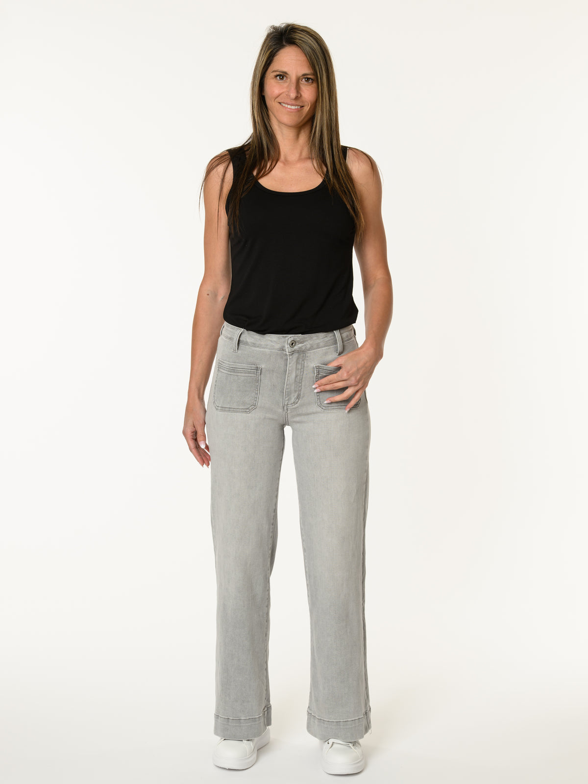 Jeans gris palazzo avec poches appliquées